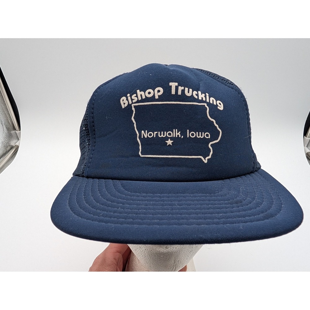Vintage Bishop Trucking Norwalk Iowa Snapback Trucker Hat Navy Blue Mesh Cap